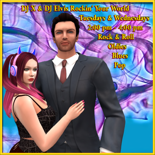 DJ X & DJ Elvis brings you Oldies, Rock, Pop, and more!We have DJ'd in SL & various OS grids.We have our own style of switching off each 1/2 hour for 2 hours of fun dance music. Party with us from 2:00pm - 4:00pm on Tuesdays & Wednesdays at The Wolf Pack Club.hop://grid.wolfterritories.org:8002/Wolf Pack/478/578/27