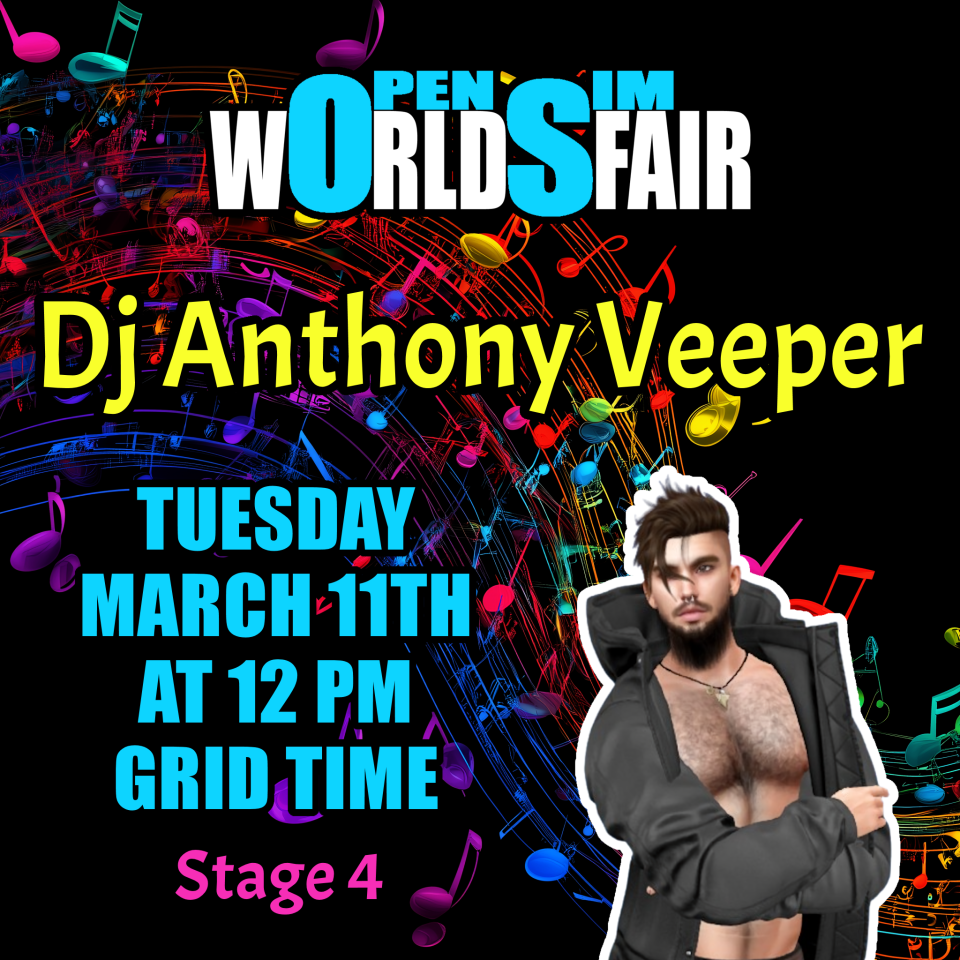 Get ready to dance and sing along—because DJ Anthony Veeper is about to take you on a techno musical adventure like no other.Join us on Tues., March 11th at 12:00 PM grid time at the OpenSim Worlds Fair.Stage 4 hop://grid.wolfterritories.org:8002/OpenSim Worlds Fair/1245/804/22