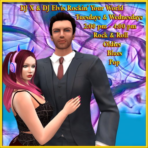 DJ X & DJ Elvis bring you Oldies, Rock, Pop, and more!WHO??? - DJ X & DJ ELVISWHAT??? - Oldies, Rock, Pop, and more!WHEN??? - TUESDAYS & WEDNESDAYSTIME??? - 2 PM - 4 PMWHERE??? - THE WOLF PACK CLUBhop://grid.wolfterritories.org:8002/Wolf Pack/478/578/27We have DJ'd in SL & various OS grids.We have our own style of switching off each 1/2 hour for 2 hours of fun dance music.Party with us from 2:00pm - 4:00pm on Tuesdays & Wednesdays at The Wolf Pack Club.hop://grid