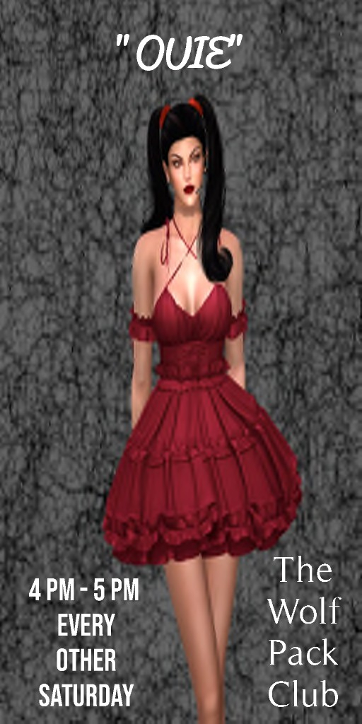 "OUIE" Brings you a beautiful voice with beautiful songs. Ouienanda (Proud2BThai) is from Bangkok in Thailand. She's known as Nanda or Ouie, pronounced "oh we" to her friends.Ouie sings a mix of golden oldies and contemporary songs.You're sure to enjoy her singing here on Secondlife and opensimsWHO??? - "OUIE"WHERE??? - WOLF PACK CLUBWHEN??? - E/O - SATURDAYTIME??? - 4 PM - 5 PM GRID TIME??? - COME DRESSED AS YOU AREhop://grid.wolfterritories.org:8002/Wolf Pack/437/539/27